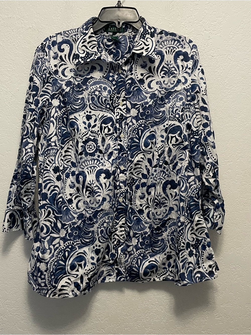 Lauren Ralph Lauren Paisley Button Front Shirt Womens 1X Blue White Stretch Work